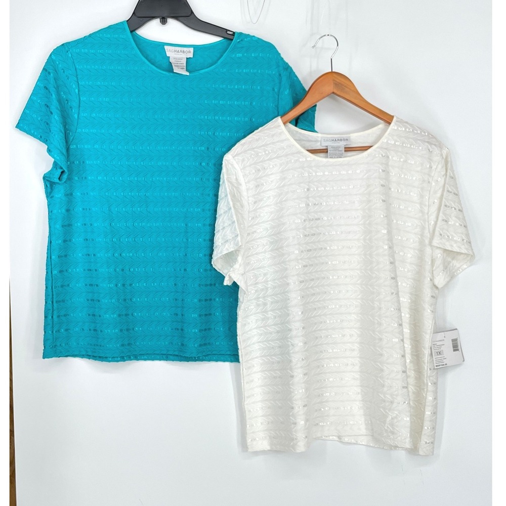 NWT Sag Harbor Women 2pk Knit Tops 1X Short Sleeve Teal White Textured Chevron